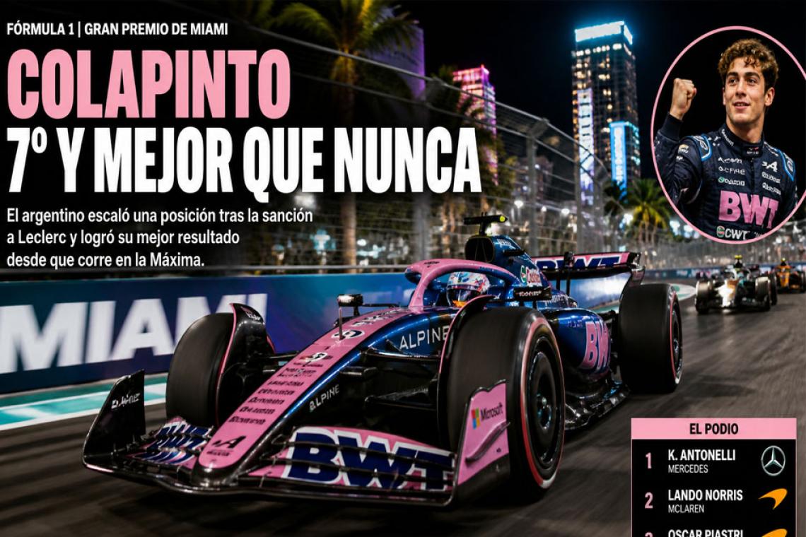 Colapinto terminó 7° en el GP de Miami tras sanción a Leclerc y logró su mejor resultado en la F1