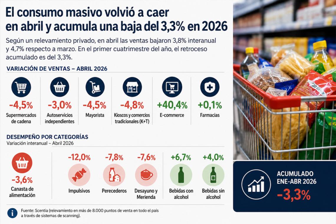 El consumo masivo volvió a caer en abril y acumula una baja del 3,3% en 2026