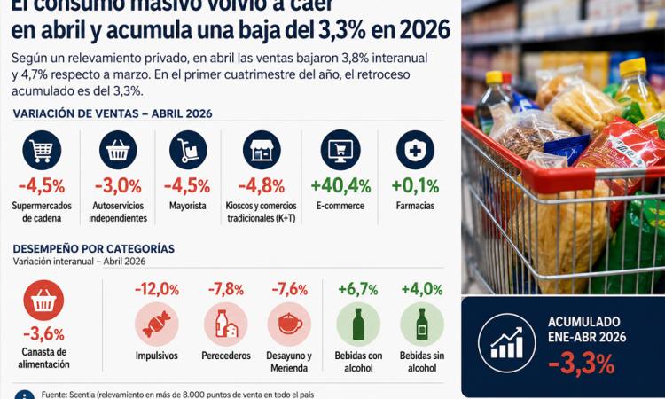 El consumo masivo volvió a caer en abril y acumula una baja del 3,3% en 2026