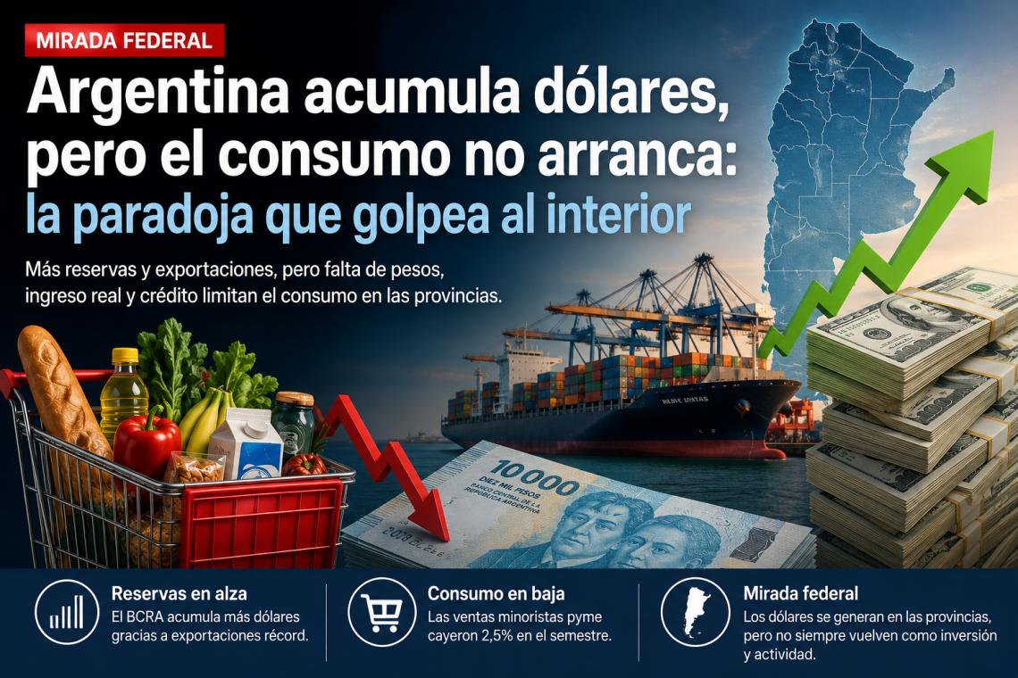Argentina acumula dólares, pero el consumo no arranca: la paradoja que golpea al interior