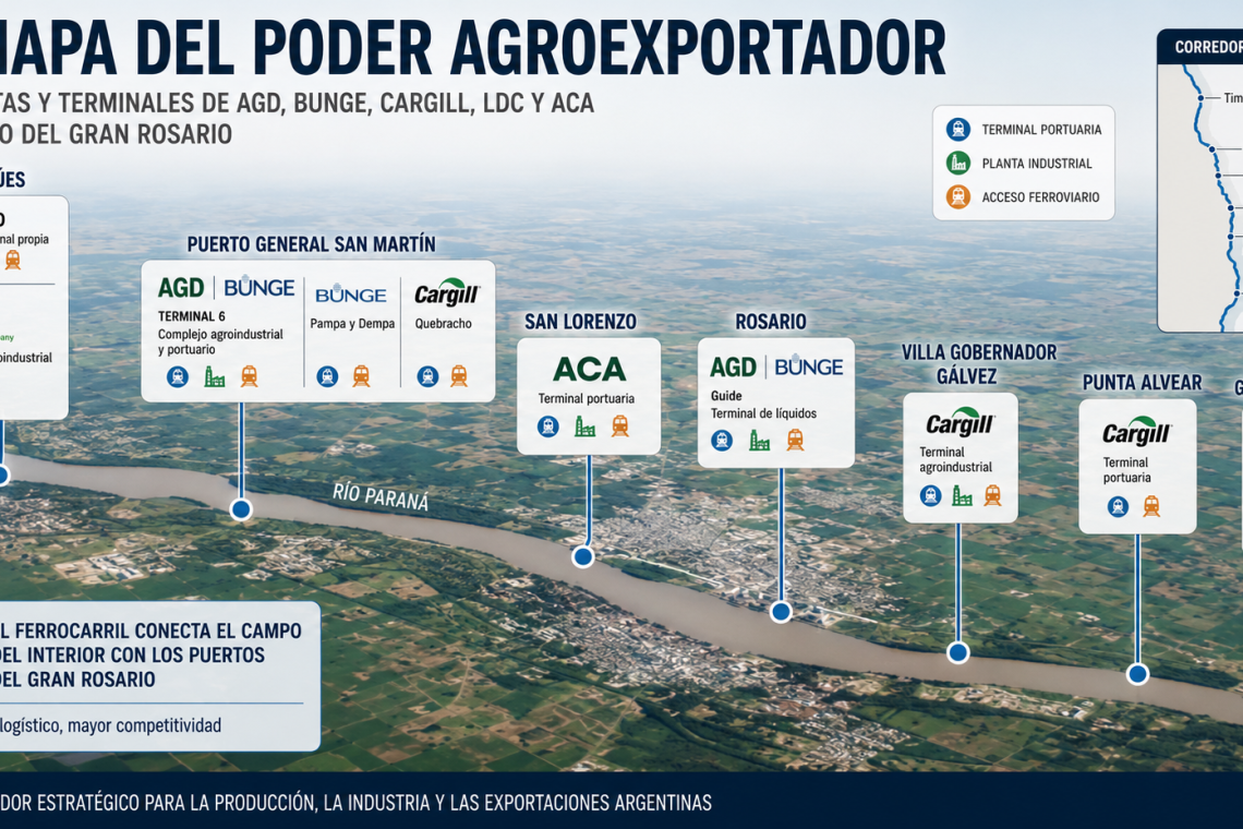 El mapa detrás del Belgrano Cargas: dónde están los puertos de AGD, Bunge, Cargill, LDC y ACA en el Gran Rosario