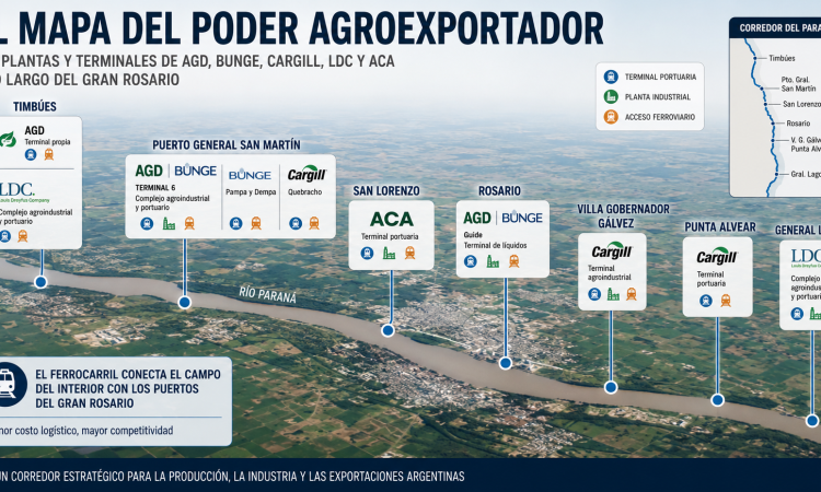 El mapa detrás del Belgrano Cargas: dónde están los puertos de AGD, Bunge, Cargill, LDC y ACA en el Gran Rosario