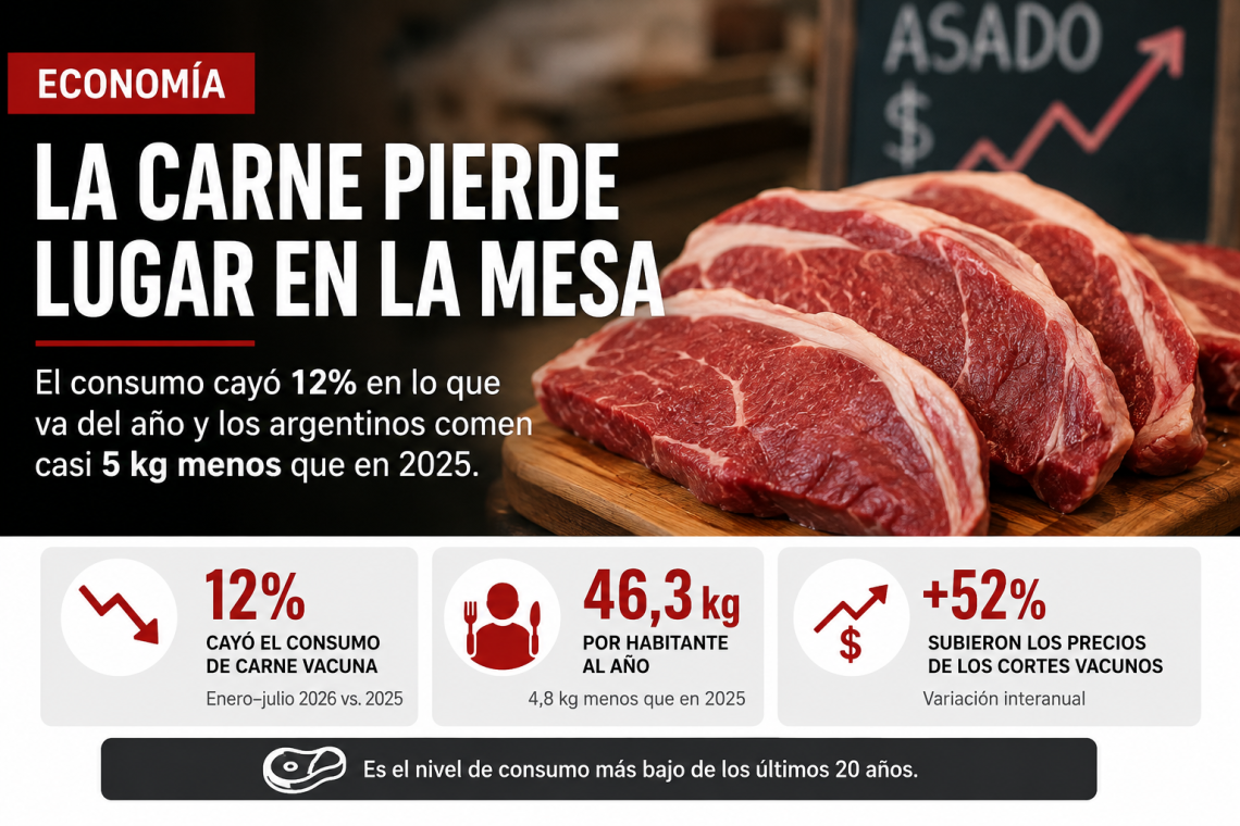 La carne vacuna pierde lugar en la mesa: el consumo cayó 12% y toca mínimos de dos décadas