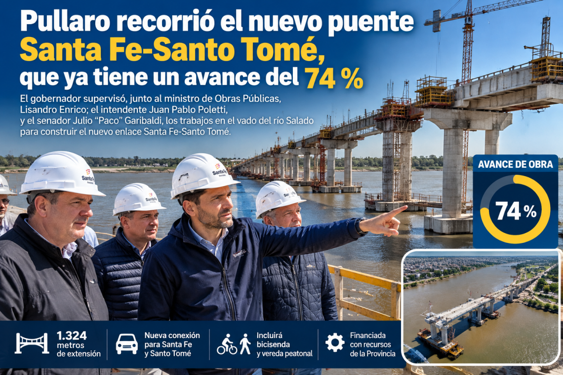 Pullaro recorrió el nuevo puente Santa Fe-Santo Tomé, que ya alcanza un 74 % de avance