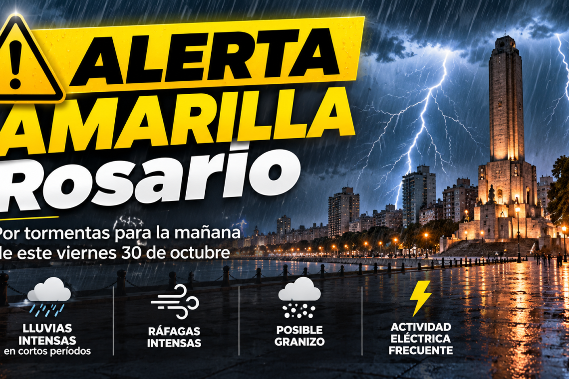 Alerta amarilla por tormentas en Rosario: prevén lluvias intensas, ráfagas y posible granizo