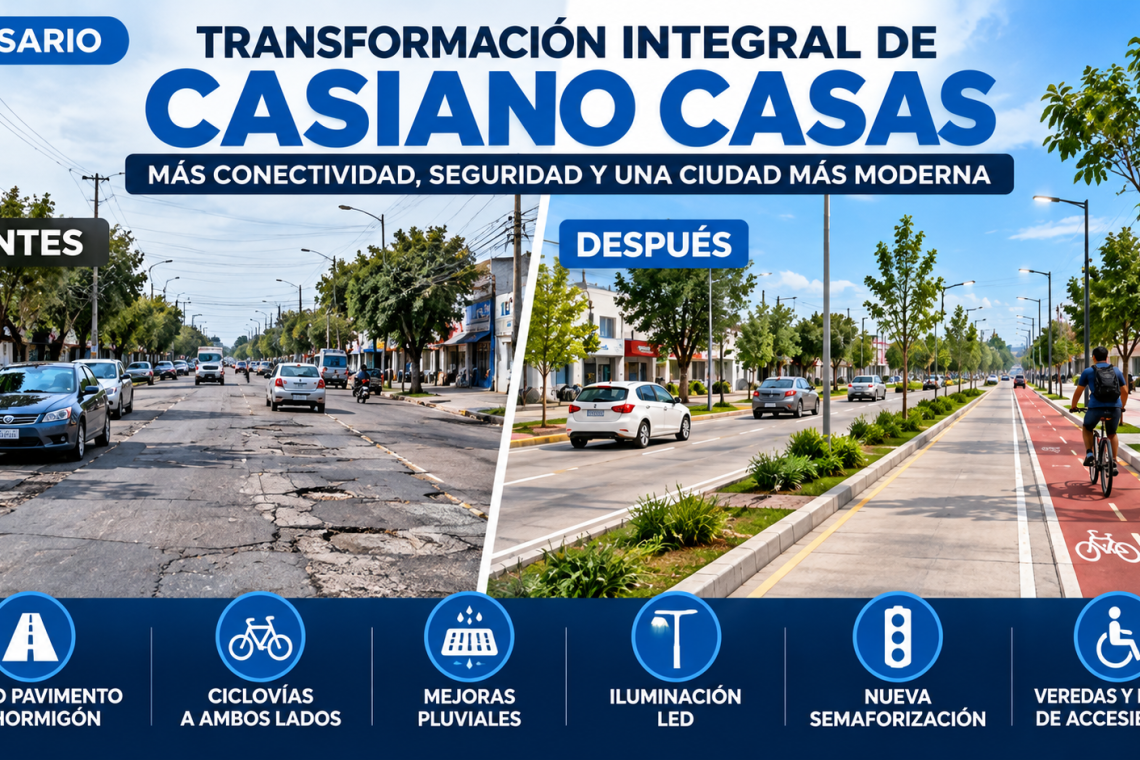 Rosario transforma avenida Casiano Casas: nueva calzada, ciclovías, iluminación y desagües